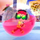 A chibi rollerblader strikes a cool pose in a see-through orb, a colorful, cartoon environment stretching out behind him.